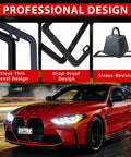 Built Tough Black Matte License Plate Frame Set With Rust Proof Aluminum Alloy Construction Gloss Finish Front Tag Cover With Screws Two Pack Weatherproof Against Rain Sun and Salt Fits Standard US Vehicles showing design features with red sports car.