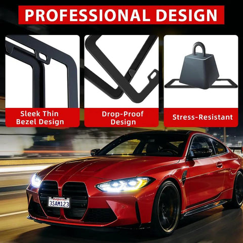 Built Tough Black Matte License Plate Frame Set With Rust Proof Aluminum Alloy Construction Gloss Finish Front Tag Cover With Screws Two Pack Weatherproof Against Rain Sun and Salt Fits Standard US Vehicles showing design features with red sports car.