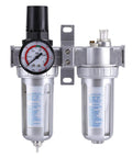 Front view of the Air Pressure Filter Regulator Lubricator With Gauge Three Eighths Inch Aluminum FRL Unit for pneumatic tools.