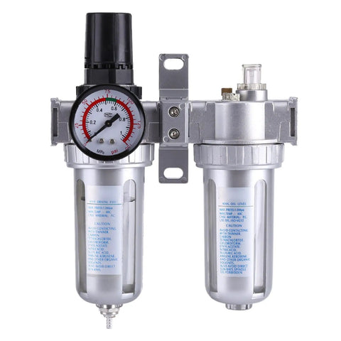 Front view of the Air Pressure Filter Regulator Lubricator With Gauge Three Eighths Inch Aluminum FRL Unit for pneumatic tools.
