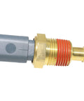 Side view of OSKYUO engine coolant temperature sensor with brass threaded body, gray connector, red O-ring seals.