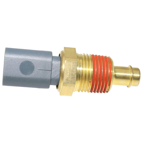 Side view of OSKYUO engine coolant temperature sensor with brass threaded body, gray connector, red O-ring seals.