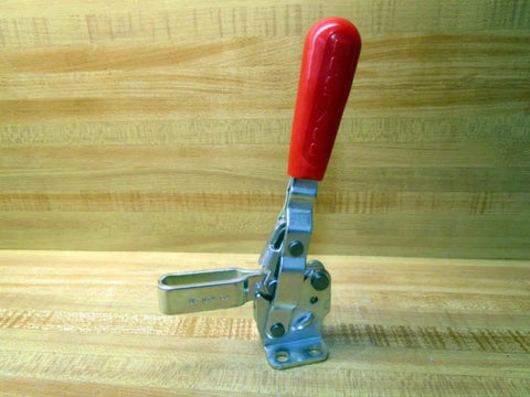 207 U Series Vertical Hold Down Clamp with Flanged Base and U Bar, T Handle, Stainless Steel, Red Grip