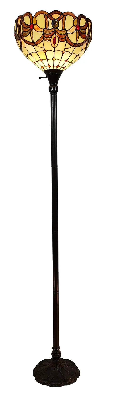 Tiffany Style Floor Lamp Torchiere Standing 72 Inch Tall Stained Glass Brown Red Tan Retro Vintage Decor For Bedroom And Living Room Reading Gift LED Compatible.