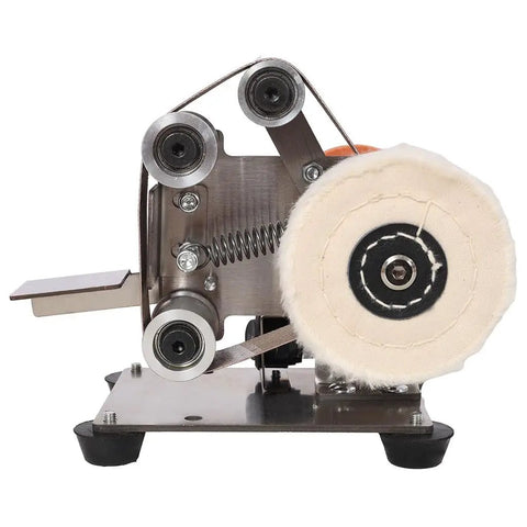 Amzxplore Mini Belt Sander With Seven Speed Adjustments And Knife Sharpener Includes 20 Sanding Belts Compact Bench Grinder Polisher close-up of metal base and polishing wheel.