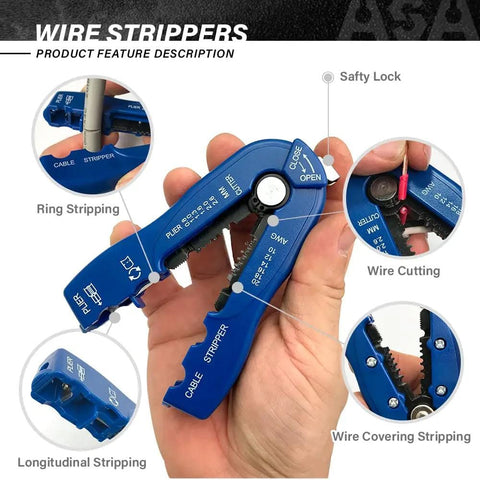 Heavy Duty Wire Stripper And Cutter Workhorse With Dual Precision Blades for one handed operation, features detail and functions