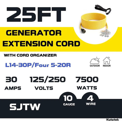 25 Foot L14-30P To Four 5-20R Beefed Up Generator Extension Power Cord For 30 Amp 125/250V, 10 Gauge SJTW Cable