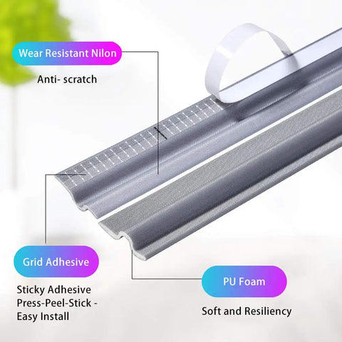 Close-up of 118 Inch T Shape Foam Draft Stopper Self Adhesive Door Seal Strip showing grey foam and adhesive tape detail.