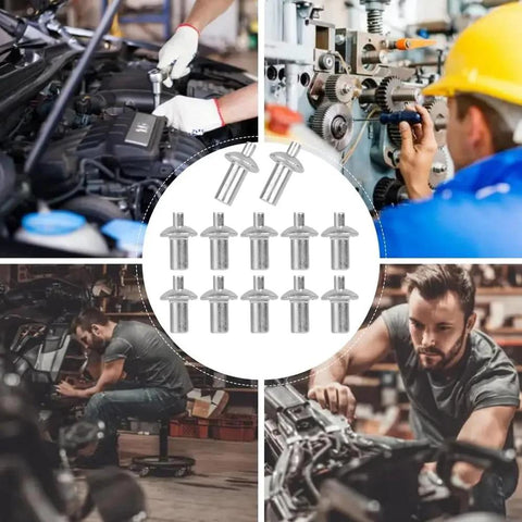 30 Pieces Aluminum Alloy Expansion Rivets Hammer Drive Expansion Rivet Knock Type Stainless Steel Rod Screws 5x11mm displayed with automotive and machinery use.