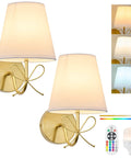 Zero Drilling Hassles Hit Different Vibe Bow Wireless Wall Sconces Set Of 2 Rechargeable Dimmable Led Night Lights With Remote Control, gold and fabric design.
