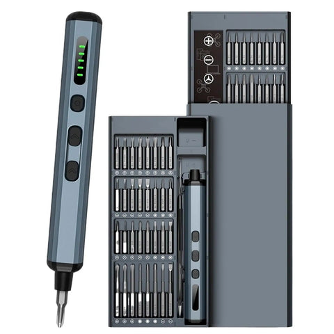 Precision Electric Screwdriver Set With 64 Magnetic Bits And Adjustable Torque Mini Power Tool For Electronics Repair And No Sweat Diy Gear That Powers Through Any Tight Spot with bits in case.
