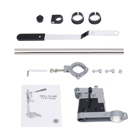 Kickass Adjustable Drill Press Stand Featuring Universal Bench Clamp And Dual Drill Mount parts layout including handle, clamps, and instruction manual.