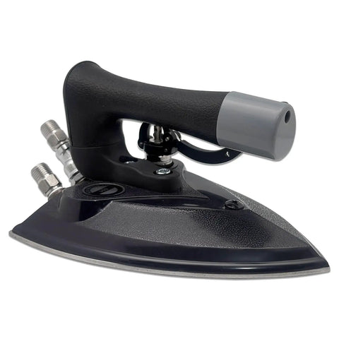 Heavy Duty Commercial Steam Iron Featuring Badass High Pressure Performance For Smooth Garment Pressing Factory Dry Cleaning And Bulletproof Temperature Control, with a black handle.