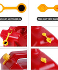 Gas Can Spout Replacement Kit with Flexible Nozzle and Vent Cap includes yellow vent caps on red fuel cans, close-up view.