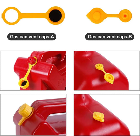 Gas Can Spout Replacement Kit with Flexible Nozzle and Vent Cap includes yellow vent caps on red fuel cans, close-up view.