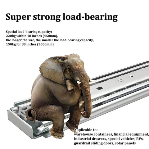 Elephant standing on Heavy Duty Drawer Slides With Lock, 500 Lb Capacity, Full Extension, Side Mount Ball Bearing Rails, 68 Inch Length
