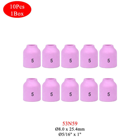 Premium 53N59 TIG Alumina Nozzles 5/16 Inch By 1 Inch Compact Fit WP9 WP20 WP50 Welding Torch set of 10 in pink.