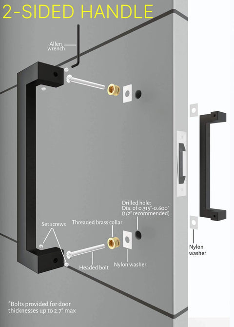 12 Inch Stainless Steel Offset Matte Black Door Handles Modern Pulls for Exterior and Interior Sliding Doors shown with installation diagram