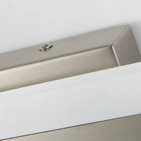 Detail of brushed nickel finish on 32 Inch LED Bathroom Vanity Light Bar In Brushed Nickel Dimmable Over Mirror Fixture For Makeup And Grooming Sleek Modern Bath Lighting That Delivers Bright Task Light And Soft Ambient Glow