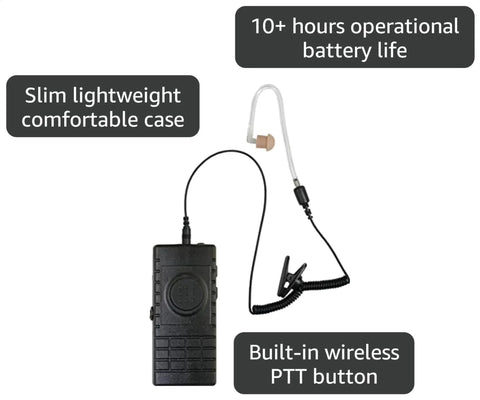 Hella Reliable Wireless Bluetooth Lapel Microphone With Integrated Push To Talk For Radios Phones And Tablets shown with PTT button and ergonomic design.