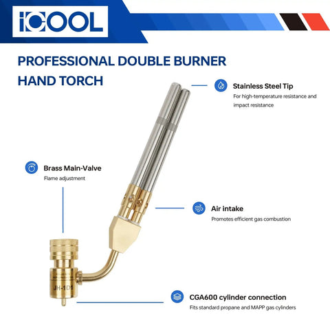 Double Flame Hand Torch With 3600 F Heat, Propane MAPP Gas Torch for Welding, soldering and plumbing with brass valve