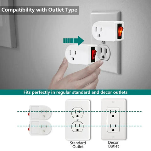Grounded Wall Tap Outlet Adapter 4 Pack With Red Indicator On Off Switch ETL Listed inserted into standard outlet