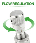 304 stainless steel needle valve with knurled adjustment knob and 1/4 in OD fitting, front view.