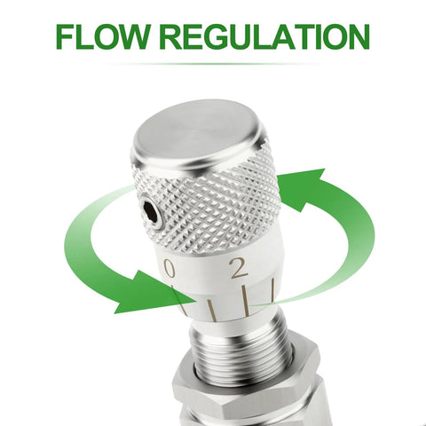 304 stainless steel needle valve with knurled adjustment knob and 1/4 in OD fitting, front view.