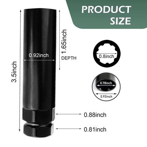 Diagram showing dimensions of Beefy 1 Piece 6 Spline Lug Nut Socket Locking Key For Wheel Locks, 90mm length, black chrome steel