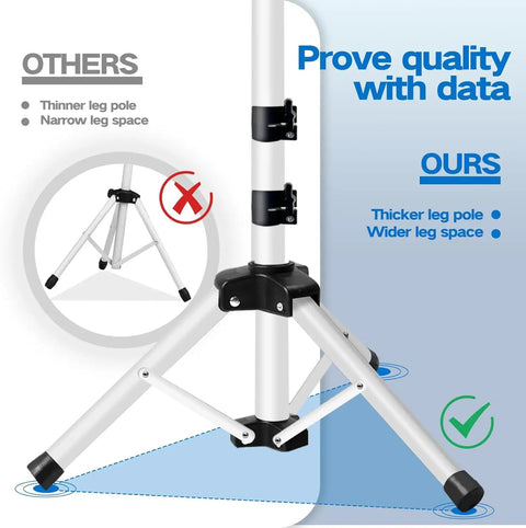 Comparison of tripod leg pole thickness and leg space for Adjustable Tripod Projector Stand For 22 To 55 Inch Displays With Phone Holder Heavy Duty DJ Equipment Stand For Home Theater Office Outdoor Movies Studio Or Stage Use White.