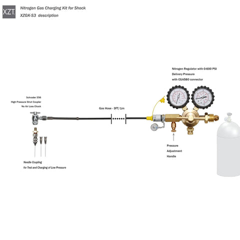 Nitrogen Regulator Kit With Gauge For Shock Absorbers, 0 To 3600 PSI Range, 0 To 600 PSI Delivery, 3 Ft Hose, CGA580 Tank Connector, No Air Loss Coupler 556 displayed