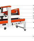 Heavy Duty Fully Automatic Carton Erector Electric Carton Folding And Sealing Machine For Packaging Lines showing parts like sealing head, motor, and adjustment settings.