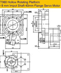 Technical drawing of ZCT060 Hollow Rotating Platform for 8 mm Input Shaft 40mm Flange Servo Motor, showing dimensions.