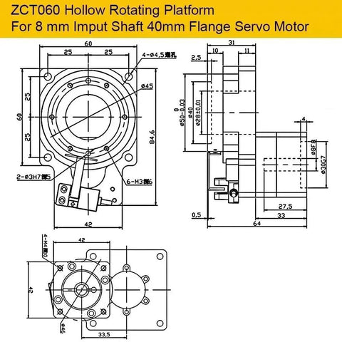 Technical drawing of ZCT060 Hollow Rotating Platform for 8 mm Input Shaft 40mm Flange Servo Motor, showing dimensions.