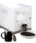 Electric Coffee Bean Roaster Featuring Hella Precise Temperature Settings Smooth Stir Fry Technology Nonstick Drum For Beans Nuts Seeds, with coffee pouring out.