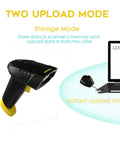 Wireless Barcode Scanner With Charging Cradle That Reads 1D And 2D Barcodes Including QR Data Matrix And PDF417 From Paper Or Screens No Fuss 400m Transmission Range 2200mAh Battery Cordless CMOS Image Scanner For Computer showing both storage and instant upload modes
