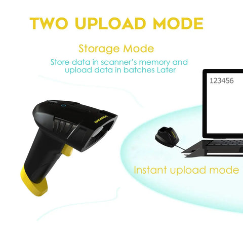 Wireless Barcode Scanner With Charging Cradle That Reads 1D And 2D Barcodes Including QR Data Matrix And PDF417 From Paper Or Screens No Fuss 400m Transmission Range 2200mAh Battery Cordless CMOS Image Scanner For Computer showing both storage and instant upload modes