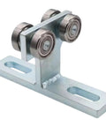 Steel assembly of Beefy 4 Wheel Electric Hoist Trolley for 1.625 inch strut channels, showcasing wheels and mounting bracket.