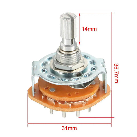 3 Pole 4 Throw Rotary Switch With Band Selector, single deck, side view showing 15 pins and dimensions, two pieces pack for DIY projects