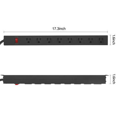 Heavy Duty Metal Eight Outlet Power Strip With Wall Mount, Wide Spaced Sockets, On Off Switch, Commercial Shop Grade, Side View