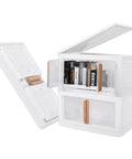 Built Tough Plastic Storage Bins With Lids 3 Pack stacked with clear doors, holding books, 25.6 x 15 x 13.9 inches.