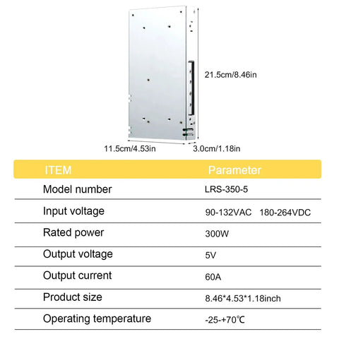Straight Up Heavy Duty 5V 73A 350W Single Output Switching Power Supply With 115 230Vac Input And Slick 30mm Low Profile Chassis side view dimensions shown
