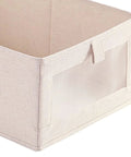 Foldable Linen Closet Organizer Bins Featuring Clear Window And Reinforced Handles Super Slick Cotton Fabric Storage Cubes side view showing transparent panel