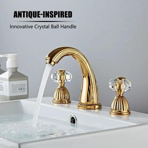 Polished Gold Widespread Bathroom Sink Faucet With Crystal Handles Three Hole Brass Lavatory Vanity Tap And Pop Up Drain