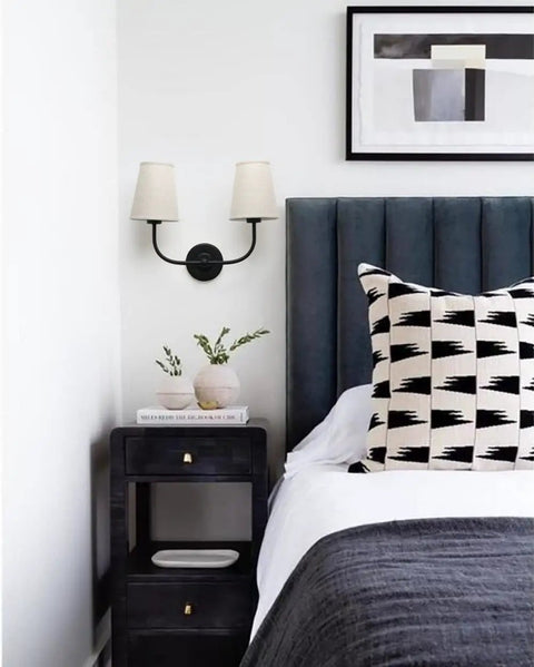 Two Light Wall Sconces With Funnel Linen Fabric Shades Vintage Modern Metal Wall Lamps above a nightstand in bedroom decor.