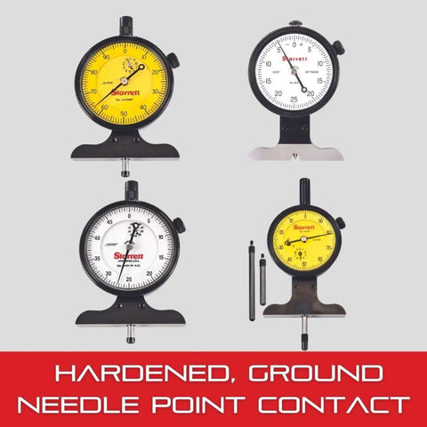 Yellow and white dial depth gages with knife edge base and needle contact for stability and precision, 0 to 0.125 inch range.