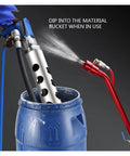 Heavy Duty High Pressure Spray Gun And Putty Applicator Crafted For Mortar And Real Stone Paint Work demonstrating spray action over a blue bucket.
