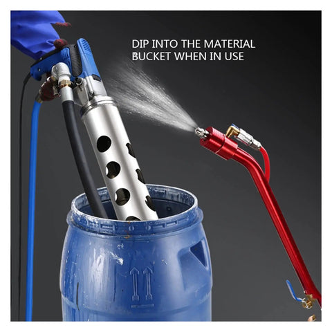 No Fuss Heavy Duty 1500W High Pressure Spray Gun For Exterior Putty Mortar And Real Stone Paint Coating spraying from a bucket.