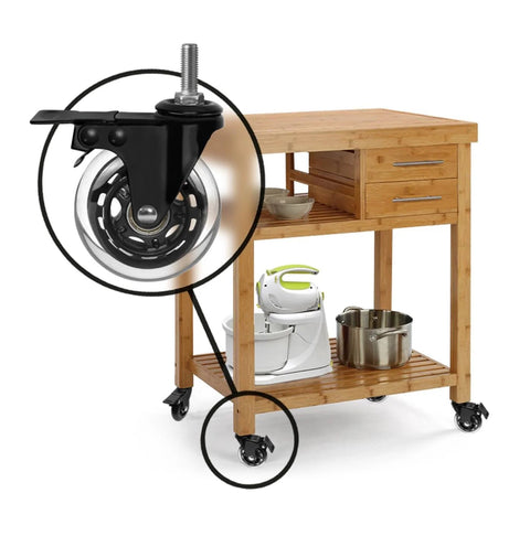 Three Eighths Inch 16 UNC Threaded Stem Rubber Caster Wheels With Brakes And Locks installed on wooden kitchen cart
