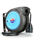 Heavy Duty 50 Foot Cord Reel Extension With Slow Retraction Technology, IP64 waterproof, black and blue casing, triple tap outlet visible